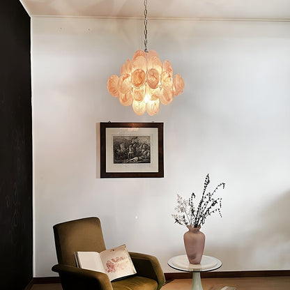 Elegant Pink Glass Disc Chandelier with Adjustable Height & LED Bulbs