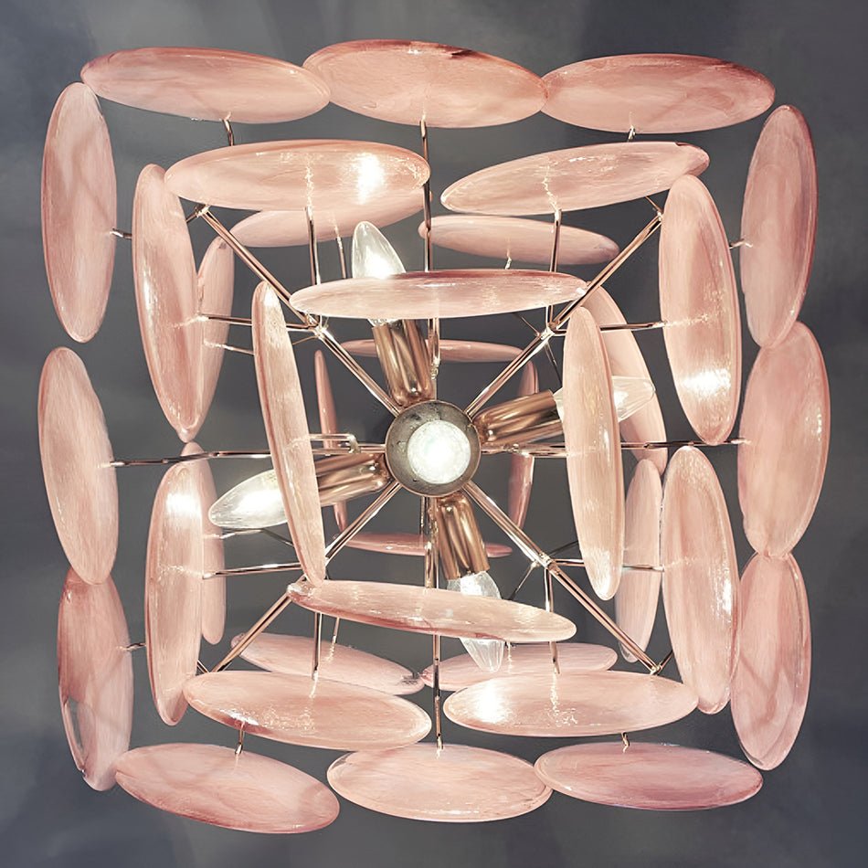 Elegant Pink Glass Disc Chandelier with Adjustable Height & LED Bulbs