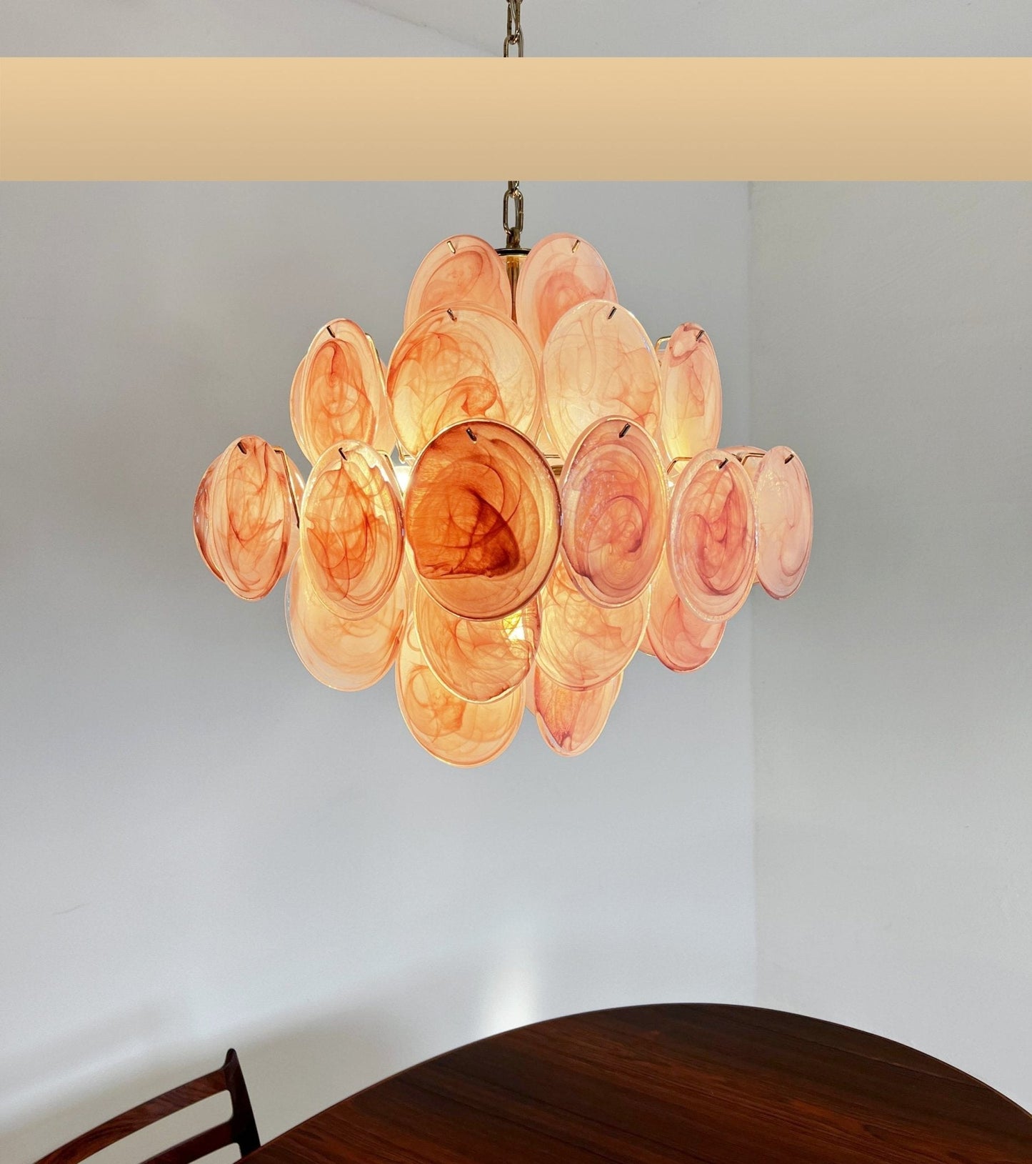 Elegant Pink Glass Disc Chandelier with Adjustable Height & LED Bulbs