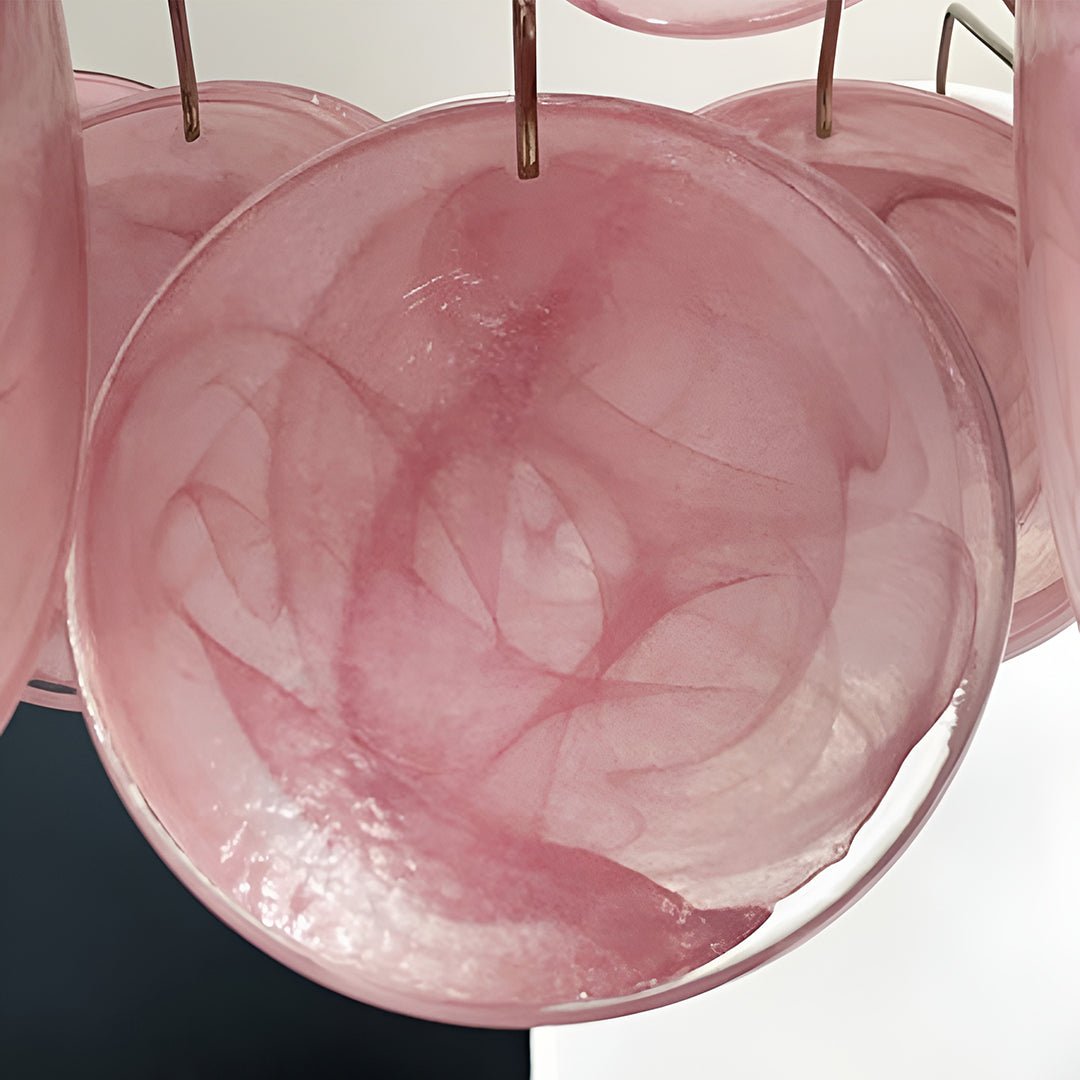 Elegant Pink Glass Disc Chandelier with Adjustable Height & LED Bulbs