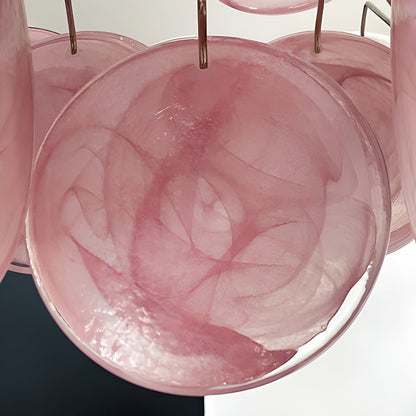 Elegant Pink Glass Disc Chandelier with Adjustable Height & LED Bulbs
