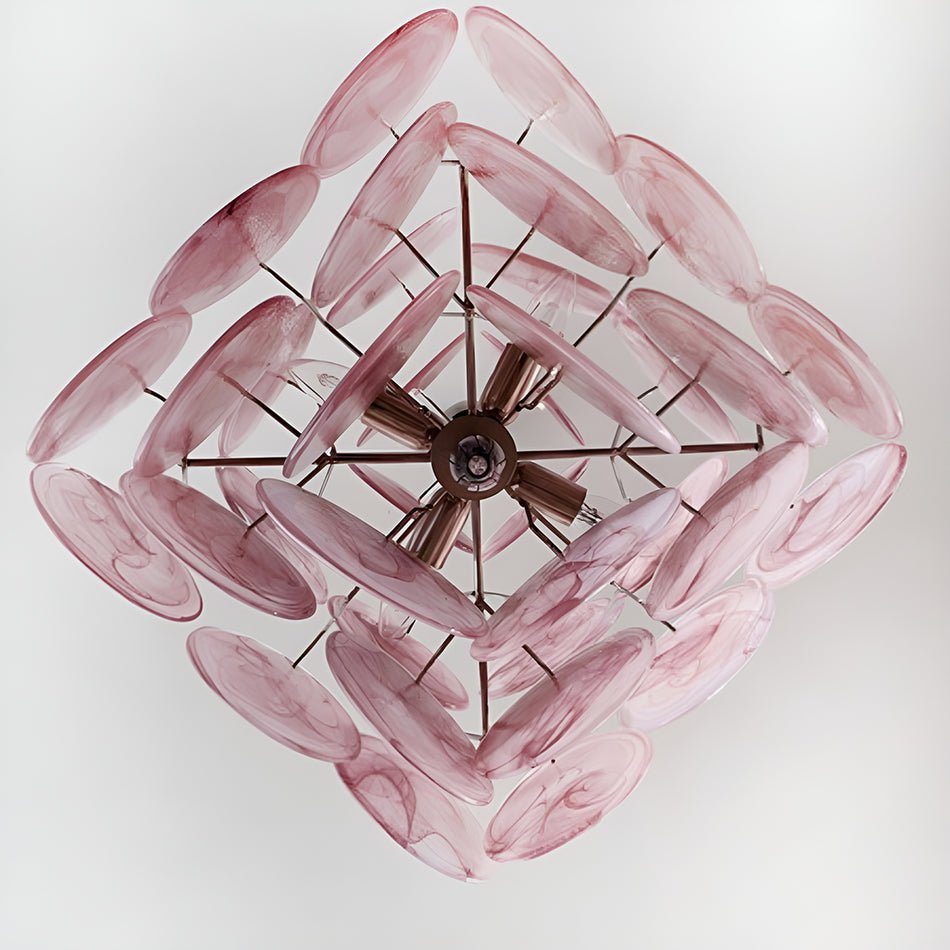 Elegant Pink Glass Disc Chandelier with Adjustable Height & LED Bulbs