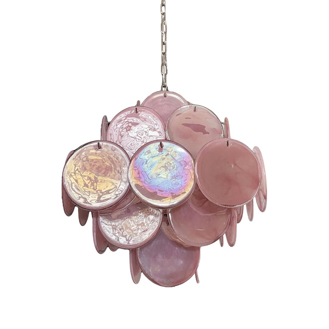 Elegant Pink Glass Disc Chandelier with Adjustable Height & LED Bulbs