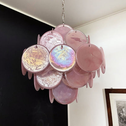 Elegant Pink Glass Disc Chandelier with Adjustable Height & LED Bulbs