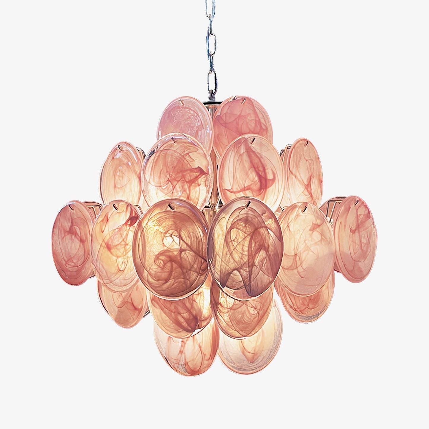 Elegant Pink Glass Disc Chandelier with Adjustable Height & LED Bulbs