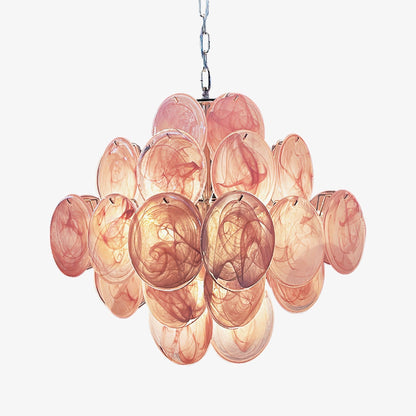 Elegant Pink Glass Disc Chandelier with Adjustable Height & LED Bulbs