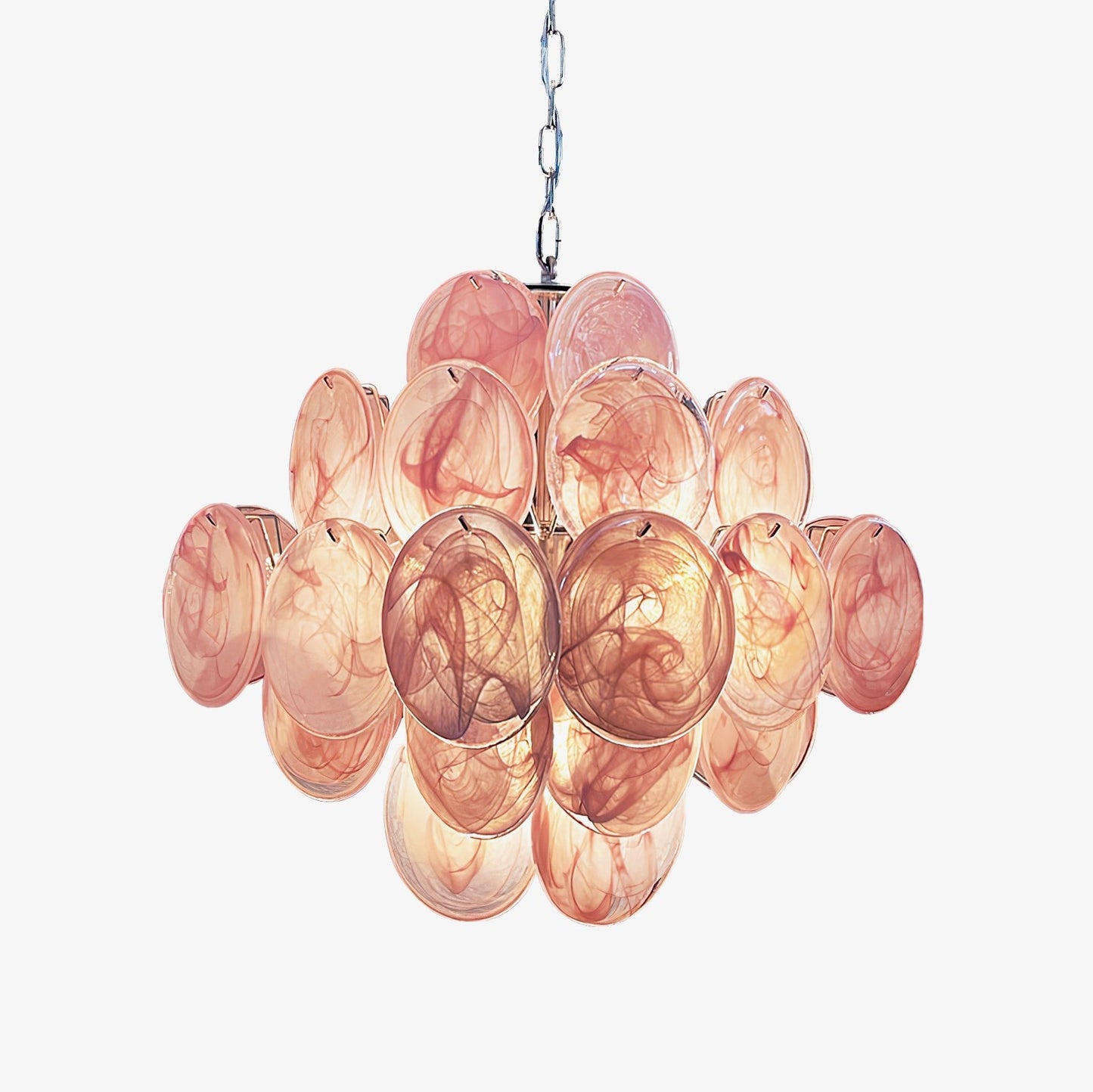 Elegant Pink Glass Disc Chandelier with Adjustable Height & LED Bulbs