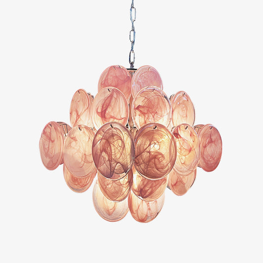 Elegant Pink Glass Disc Chandelier with Adjustable Height & LED Bulbs