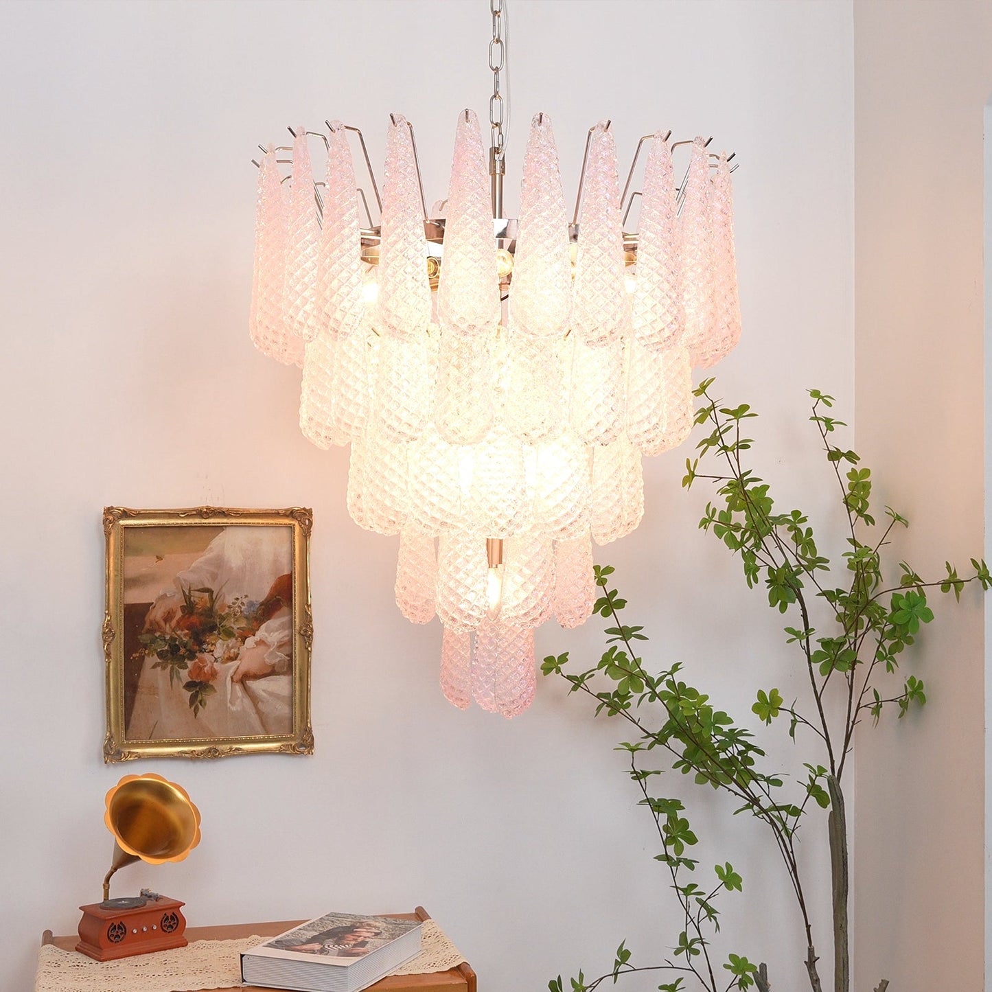 Elegant Pink Glass Dewdrop Chandelier with Adjustable Height & Soft Gl