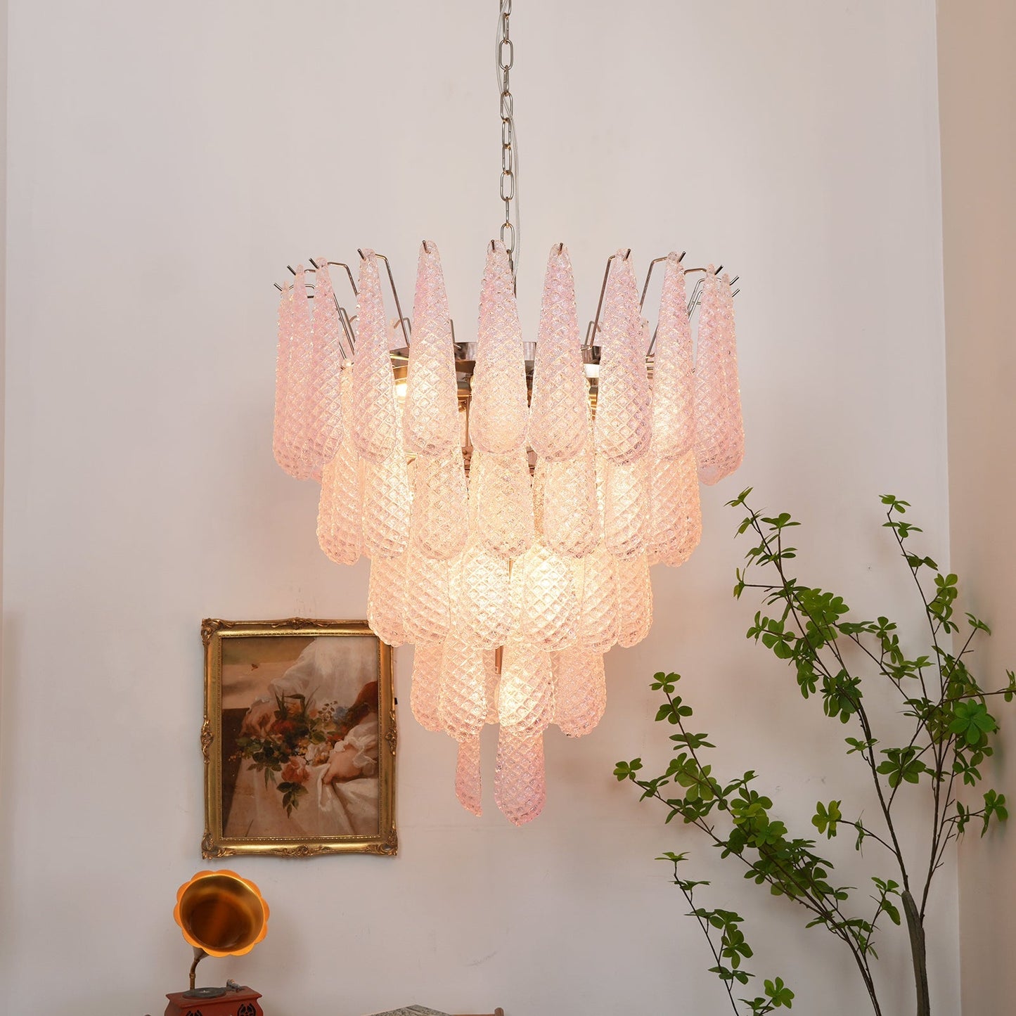 Elegant Pink Glass Dewdrop Chandelier with Adjustable Height & Soft Gl