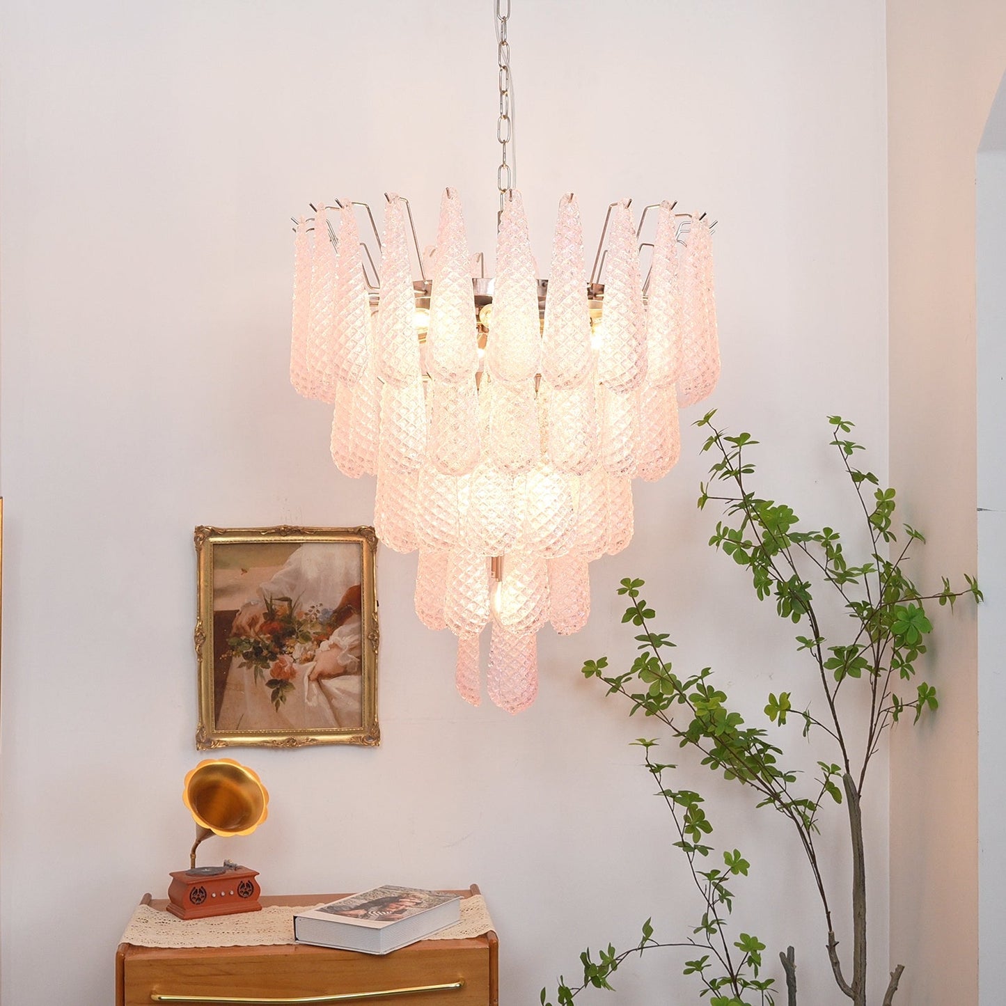 Elegant Pink Glass Dewdrop Chandelier with Adjustable Height & Soft Gl