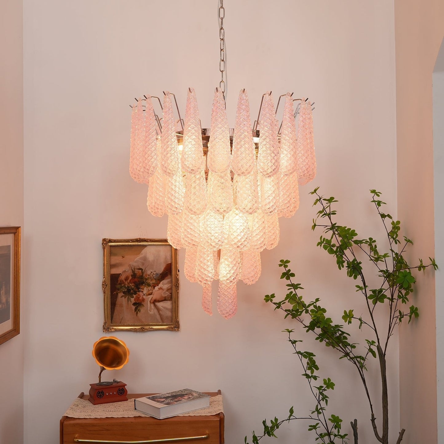 Elegant Pink Glass Dewdrop Chandelier with Adjustable Height & Soft Gl