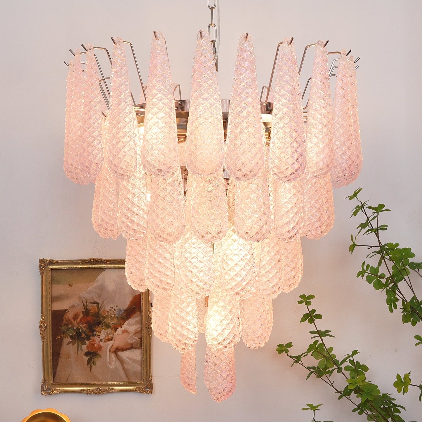 Elegant Pink Glass Dewdrop Chandelier with Adjustable Height & Soft Gl
