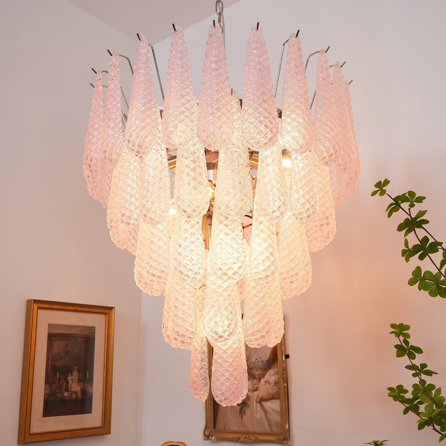 Elegant Pink Glass Dewdrop Chandelier with Adjustable Height & Soft Gl