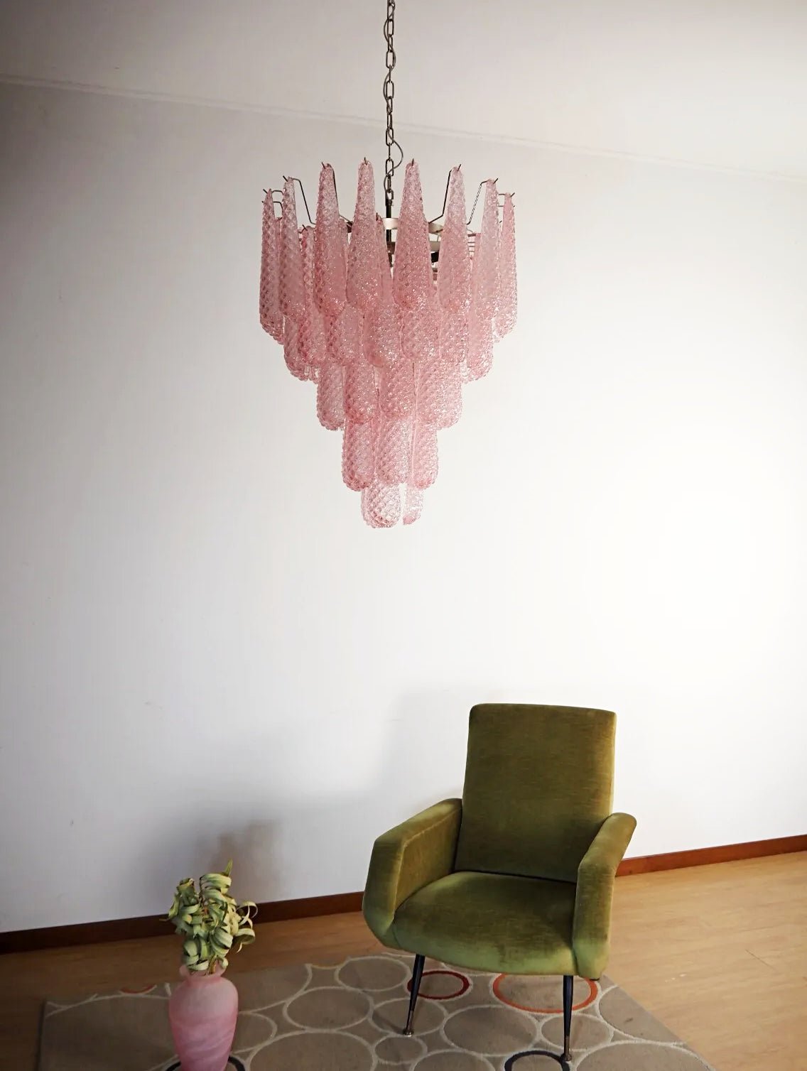 Elegant Pink Glass Dewdrop Chandelier with Adjustable Height & Soft Gl