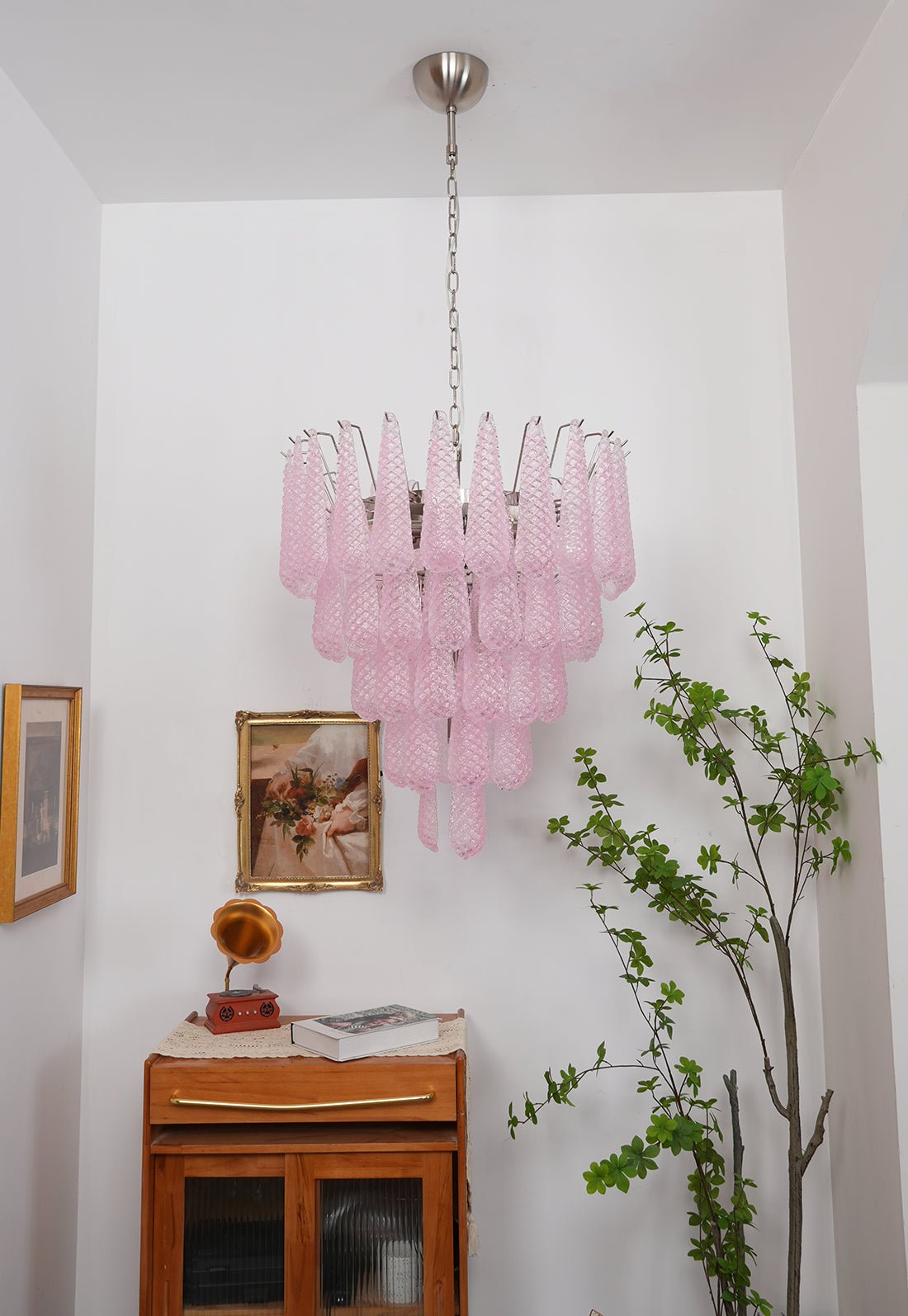 Elegant Pink Glass Dewdrop Chandelier with Adjustable Height & Soft Gl