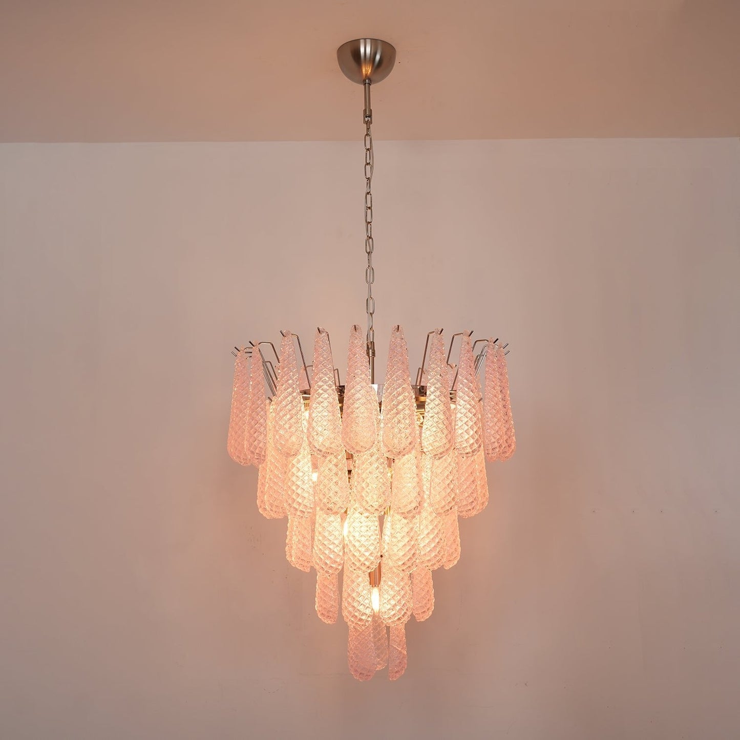 Elegant Pink Glass Droplet Chandelier - Adjustable Height, Modern Desi
