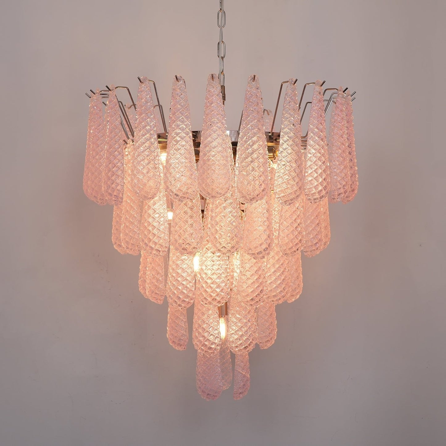 Elegant Pink Glass Droplet Chandelier - Adjustable Height, Modern Desi