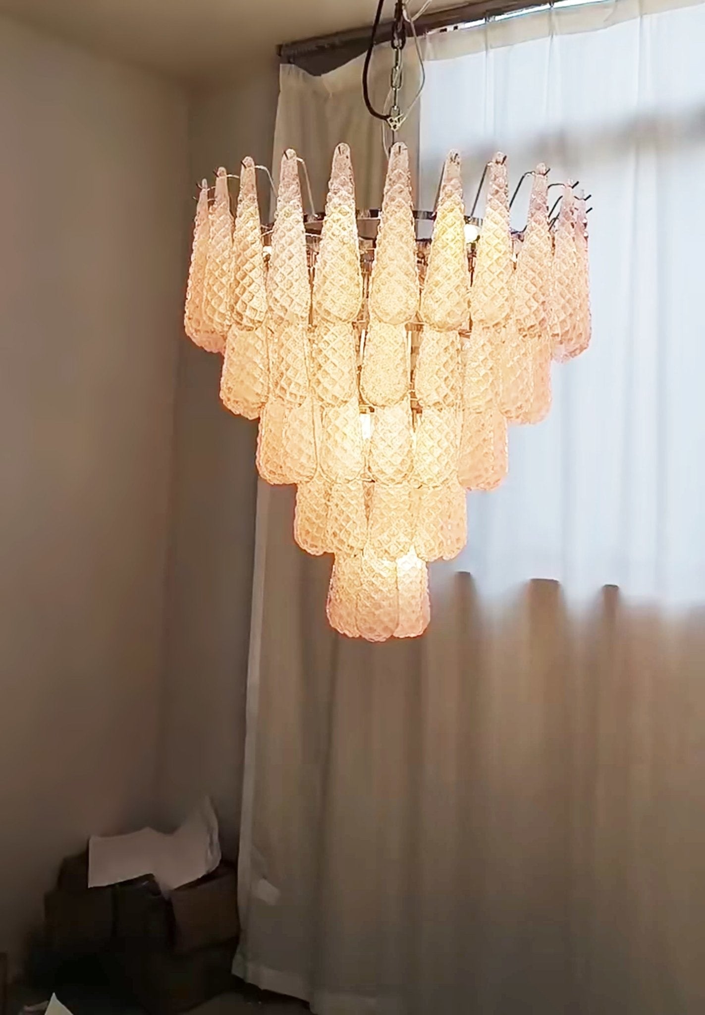 Elegant Pink Glass Droplet Chandelier - Adjustable Height, Modern Desi