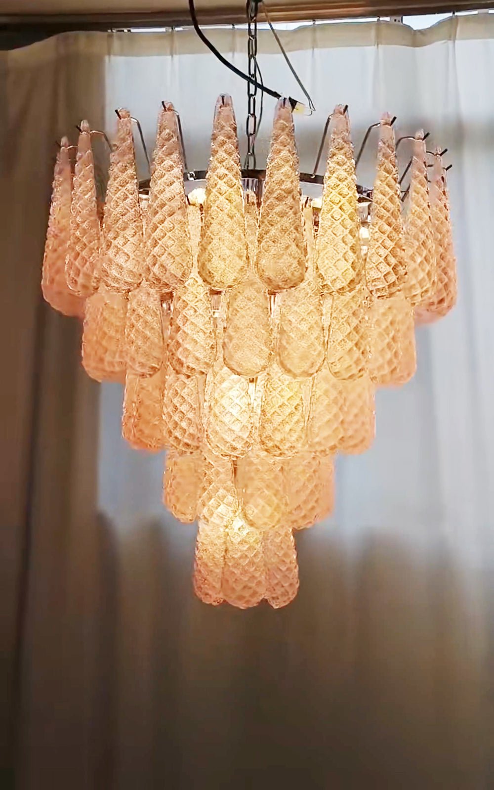 Elegant Pink Glass Droplet Chandelier - Adjustable Height, Modern Desi