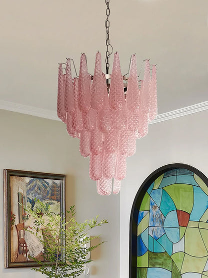 Elegant Pink Glass Droplet Chandelier - Adjustable Height, Modern Desi