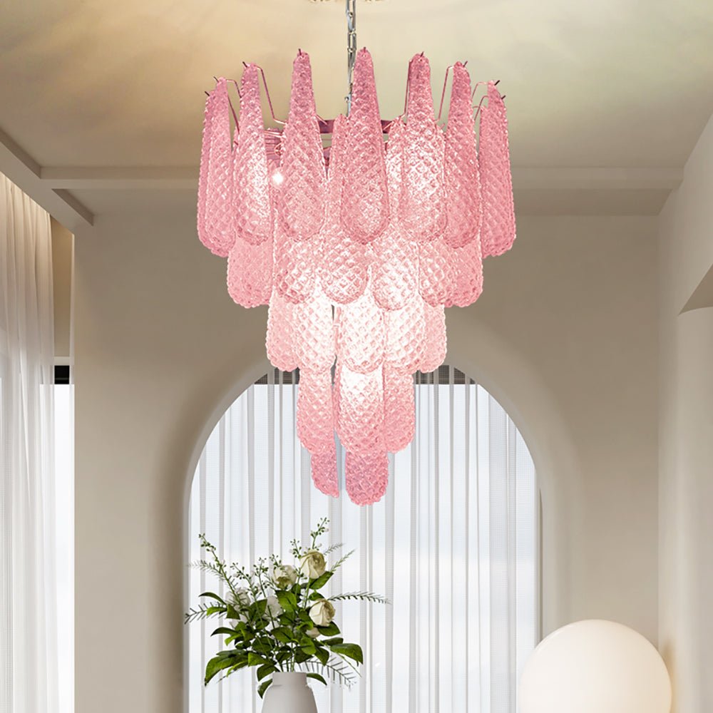 Elegant Pink Glass Droplet Chandelier - Adjustable Height, Modern Desi