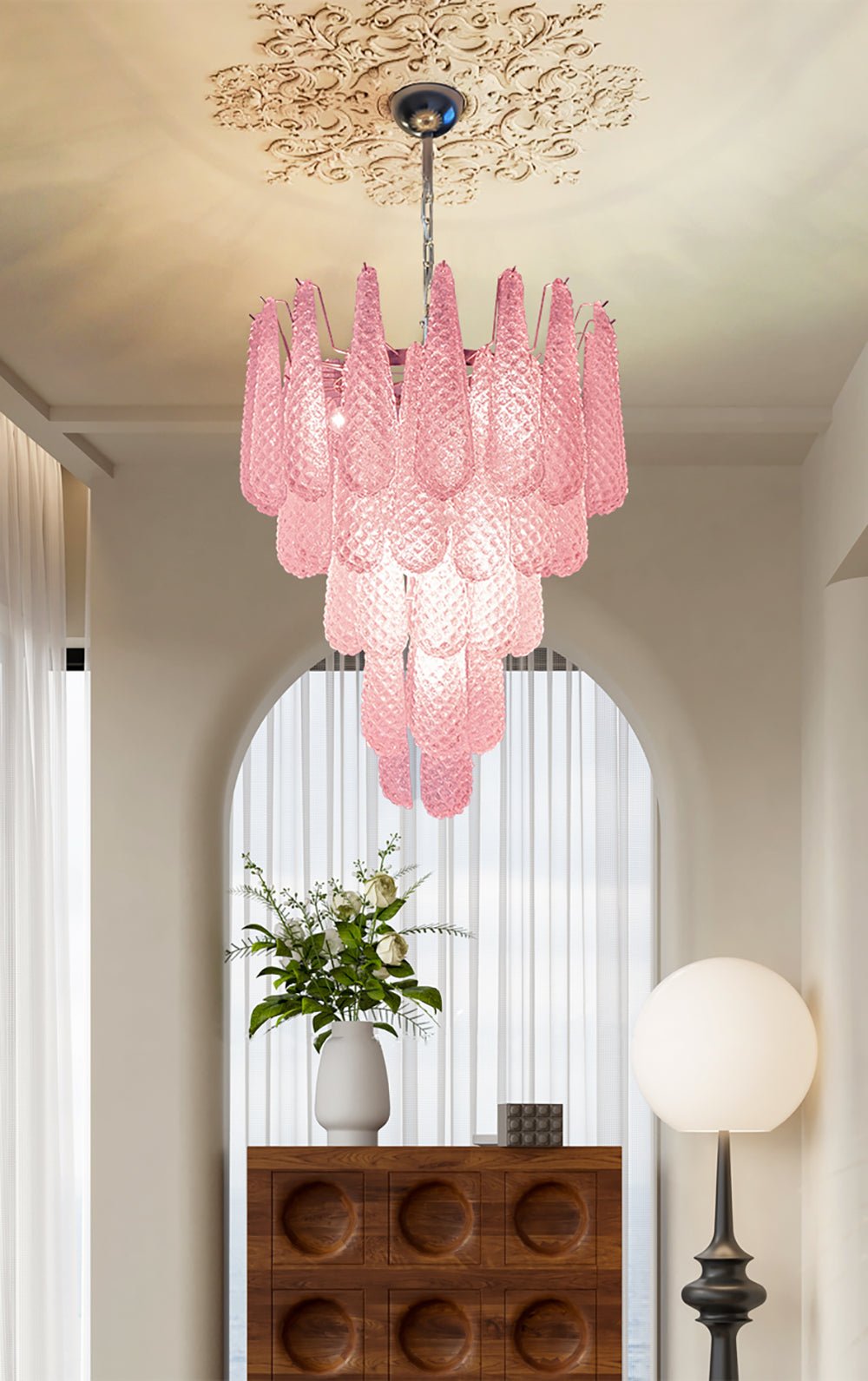 Elegant Pink Glass Droplet Chandelier - Adjustable Height, Modern Desi