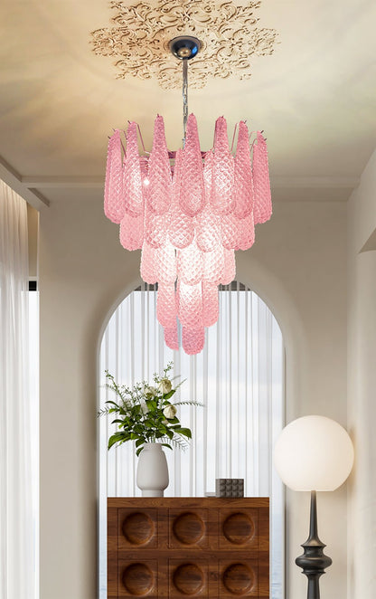Elegant Pink Glass Droplet Chandelier - Adjustable Height, Modern Desi