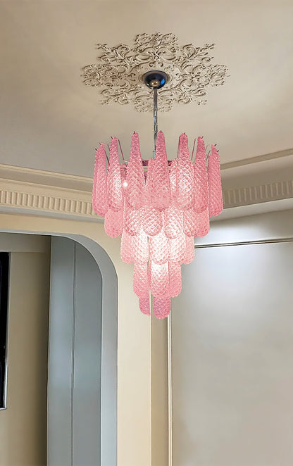 Elegant Pink Glass Droplet Chandelier - Adjustable Height, Modern Desi