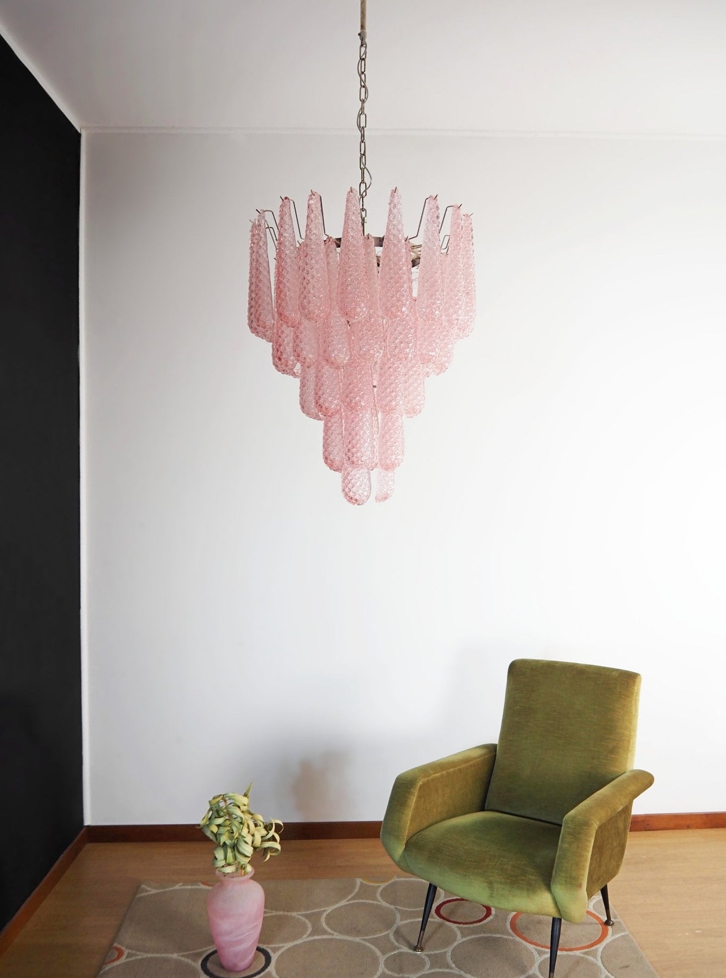 Elegant Pink Glass Droplet Chandelier - Adjustable Height, Modern Desi
