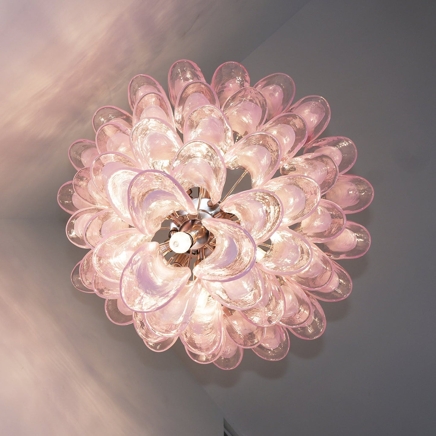 Elegant Pink Glass Petals Chandelier with Adjustable Height & LED Comp