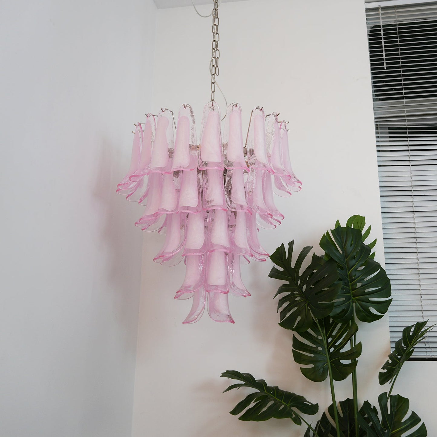 Elegant Pink Glass Petals Chandelier with Adjustable Height & LED Comp