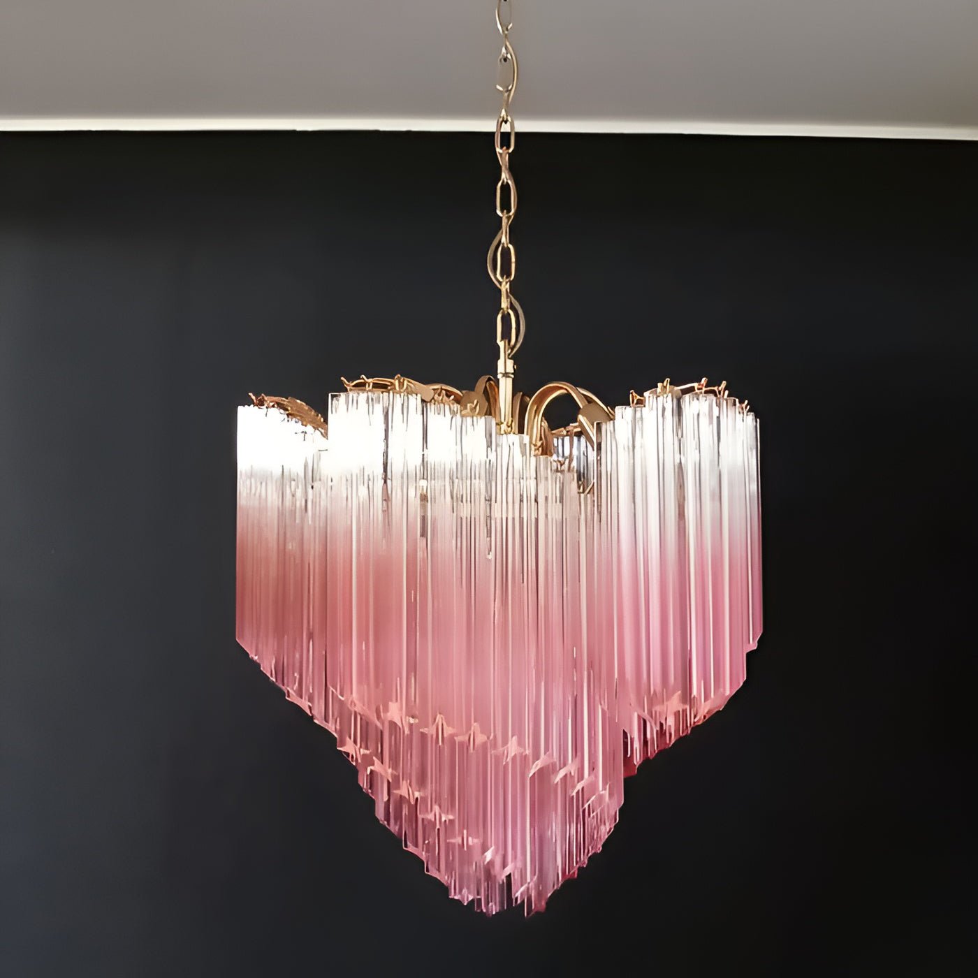 Elegant Glass Pink Prism Chandelier with Adjustable Height & LED Compa