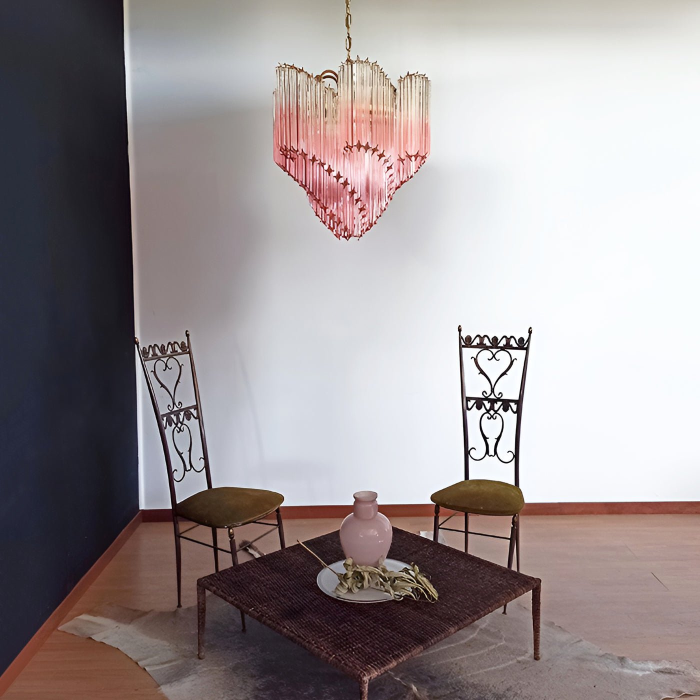 Elegant Glass Pink Prism Chandelier with Adjustable Height & LED Compa