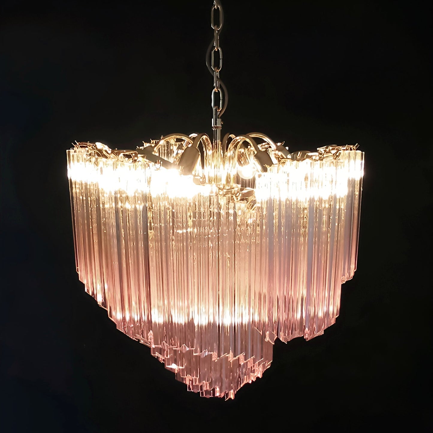 Elegant Glass Pink Prism Chandelier with Adjustable Height & LED Compa