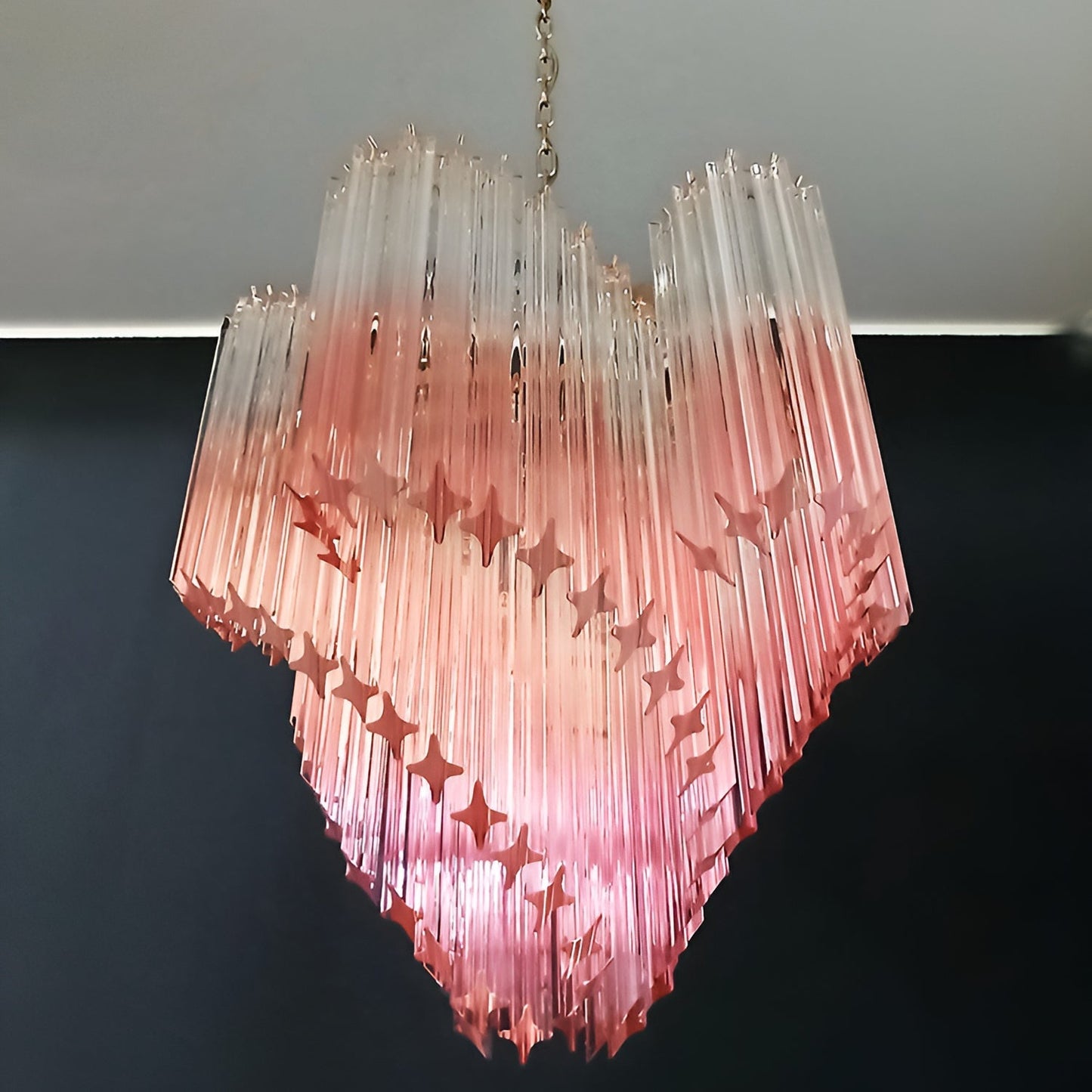 Elegant Glass Pink Prism Chandelier with Adjustable Height & LED Compa