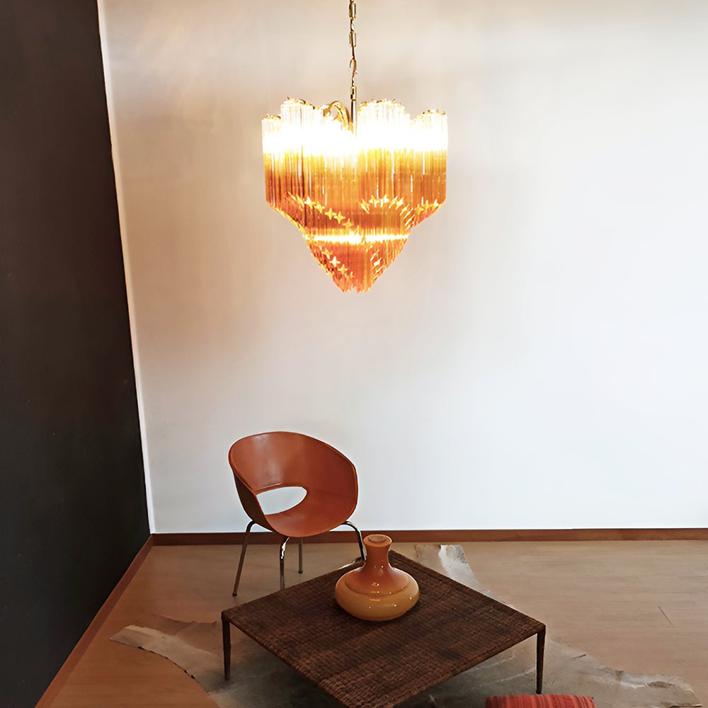 Elegant Glass Pink Prism Chandelier with Adjustable Height & LED Compa