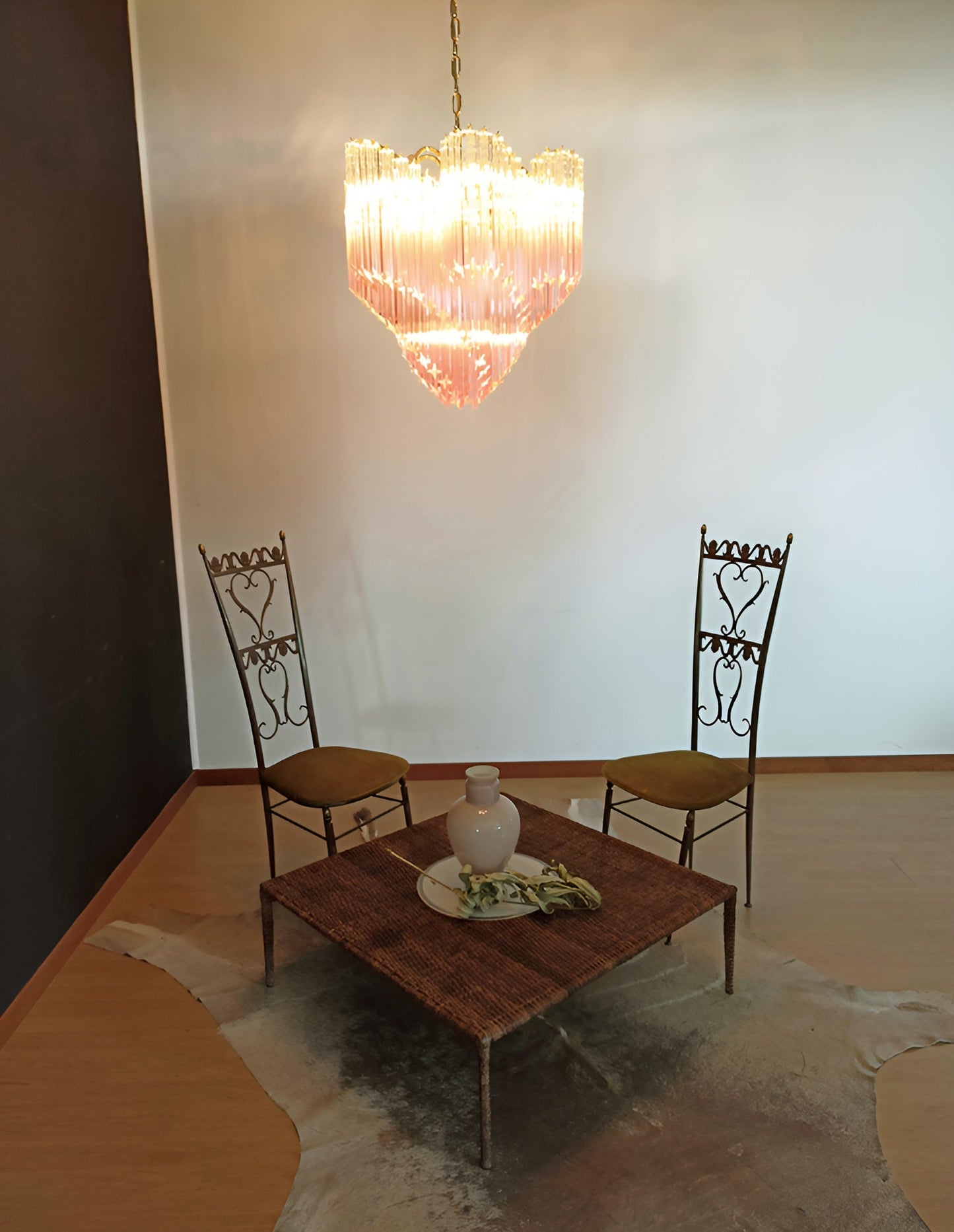 Elegant Glass Pink Prism Chandelier with Adjustable Height & LED Compa