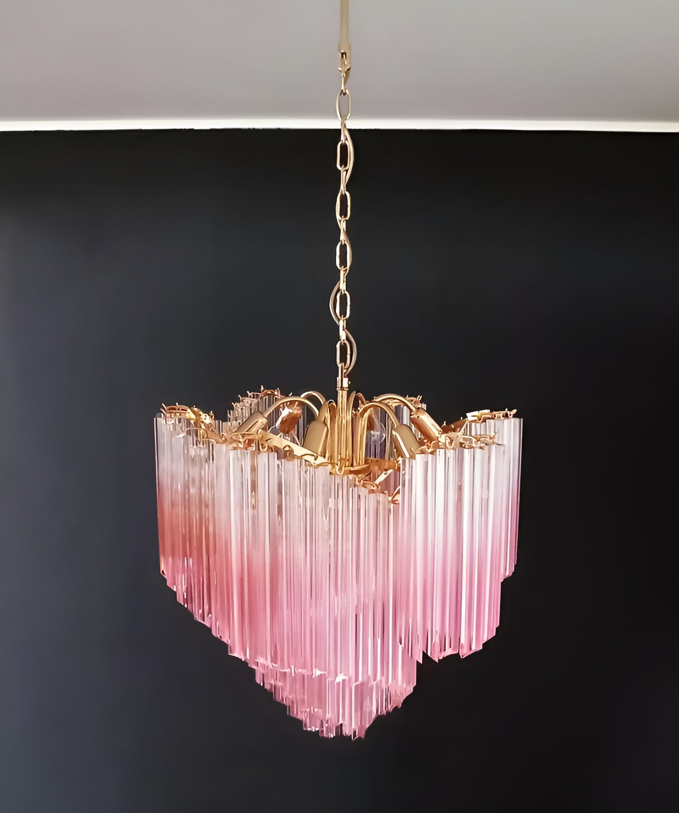 Elegant Glass Pink Prism Chandelier with Adjustable Height & LED Compa