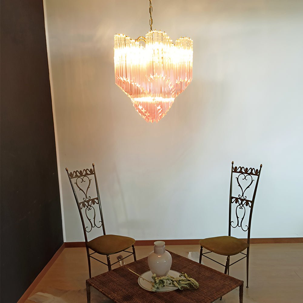 Elegant Glass Pink Prism Chandelier with Adjustable Height & LED Compa