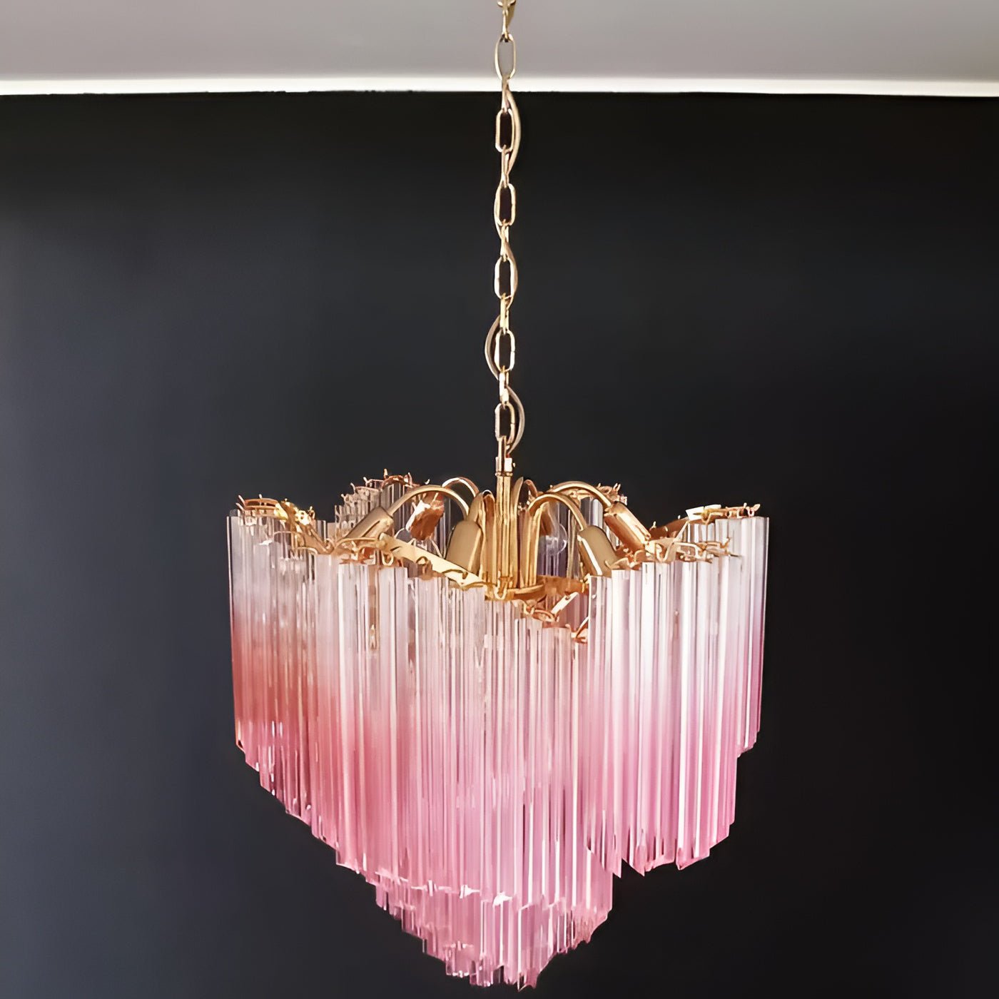 Elegant Glass Pink Prism Chandelier with Adjustable Height & LED Compa