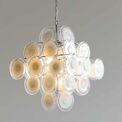 Modern White Glass Disc Chandelier with Adjustable Height & LED Compat