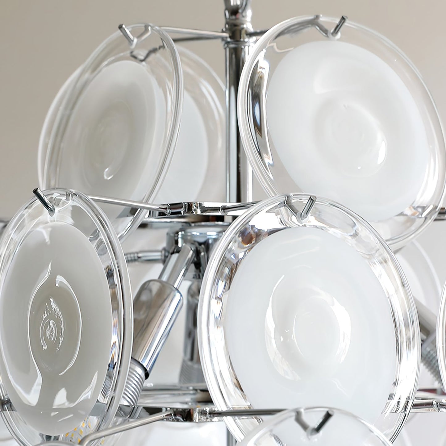 Modern White Glass Disc Chandelier with Adjustable Height & LED Compat