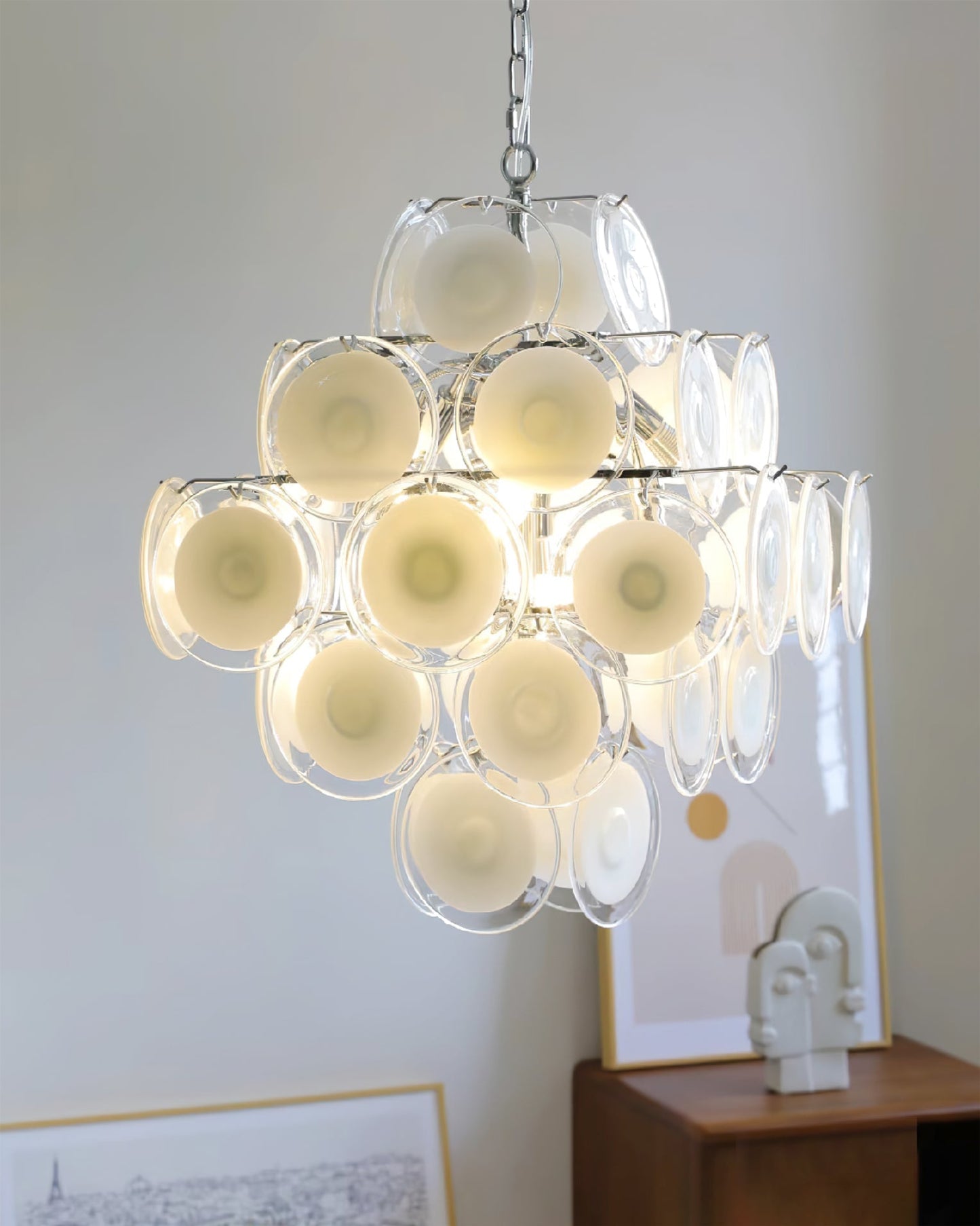 Modern White Glass Disc Chandelier with Adjustable Height & LED Compat