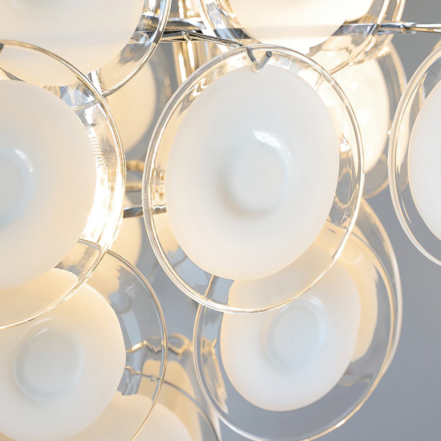 Modern White Glass Disc Chandelier with Adjustable Height & LED Compat