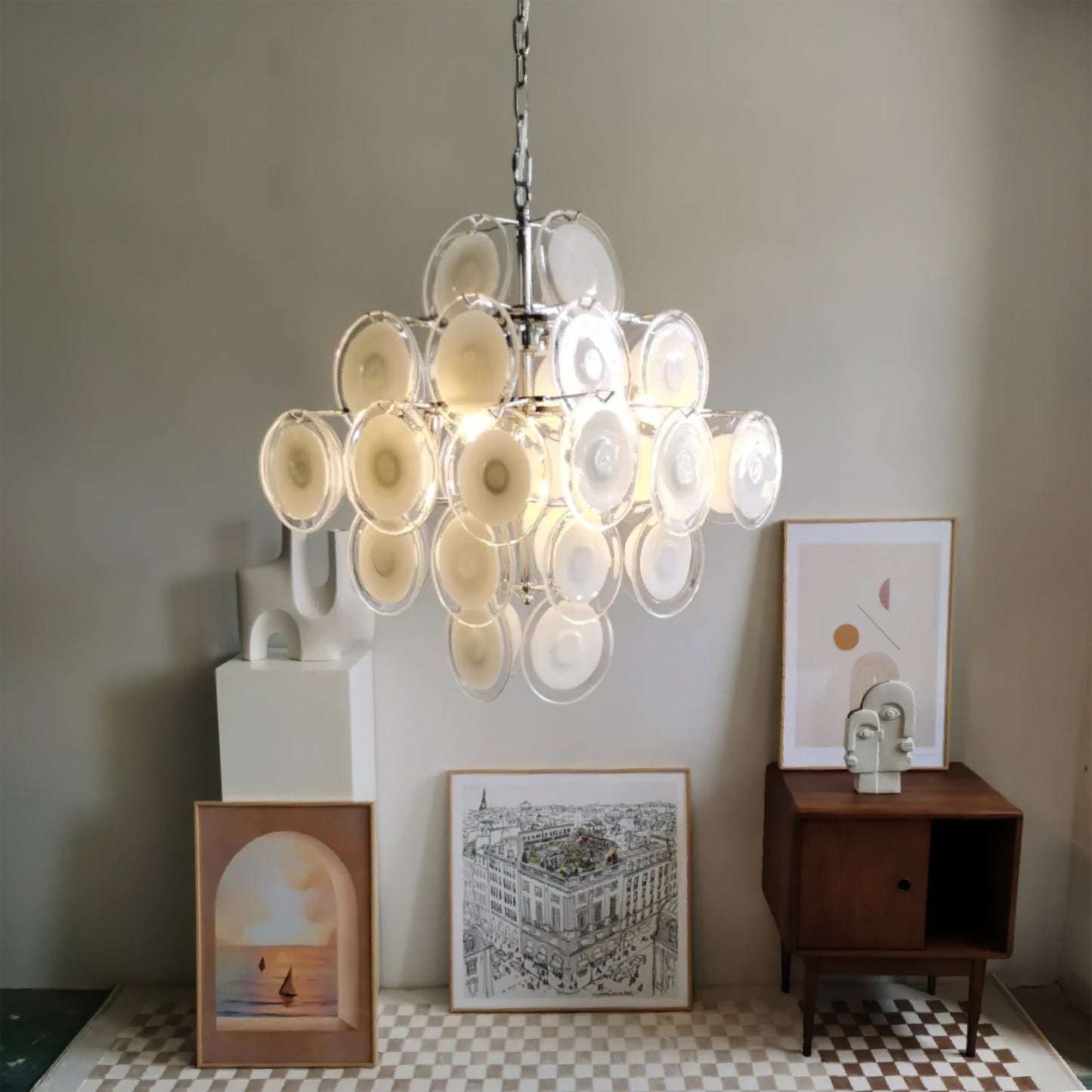 Modern White Glass Disc Chandelier with Adjustable Height & LED Compat