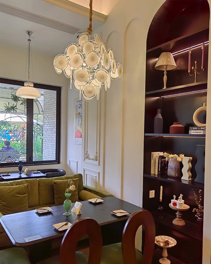 Modern White Glass Disc Chandelier with Adjustable Height & LED Compat