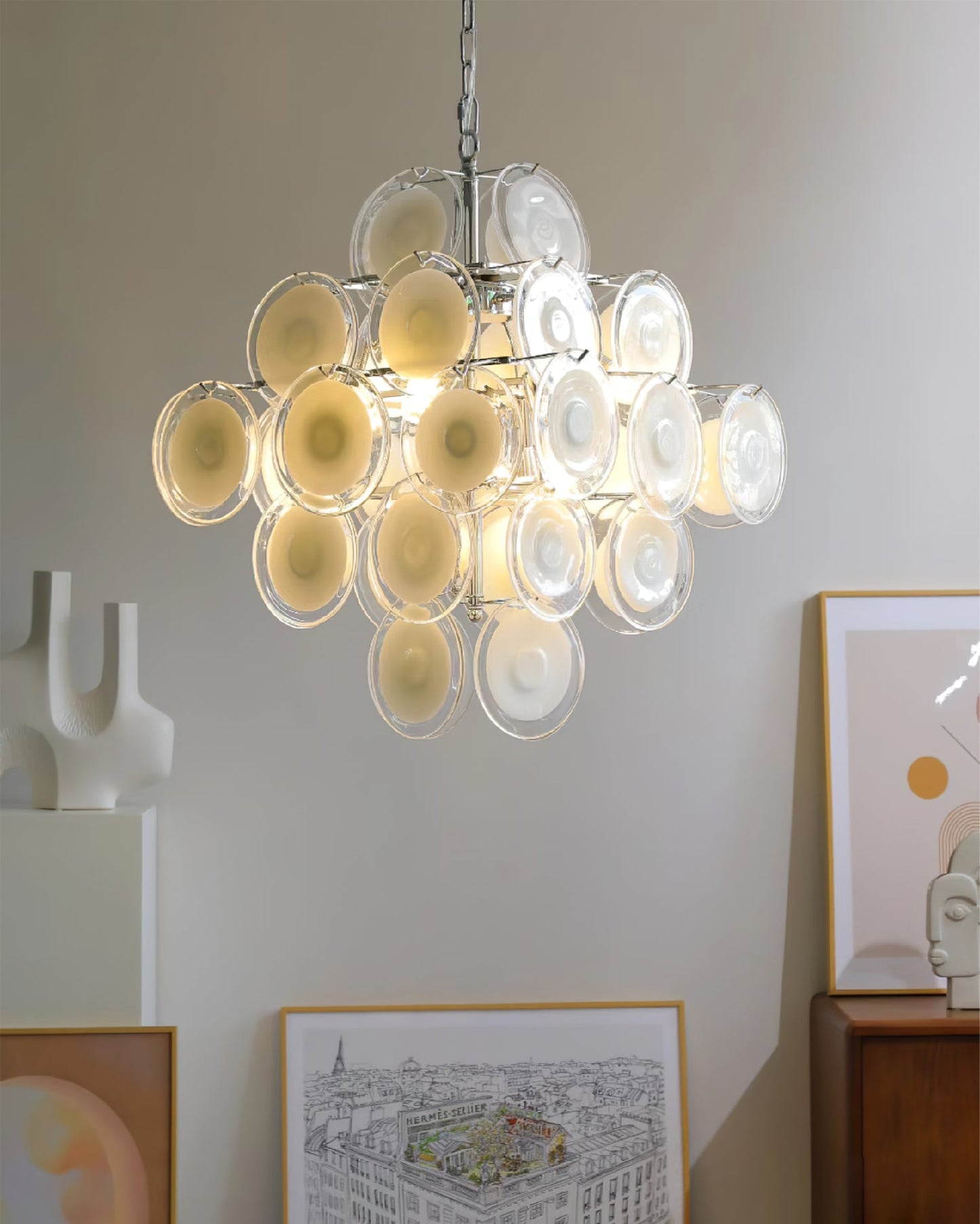 Modern White Glass Disc Chandelier with Adjustable Height & LED Compat