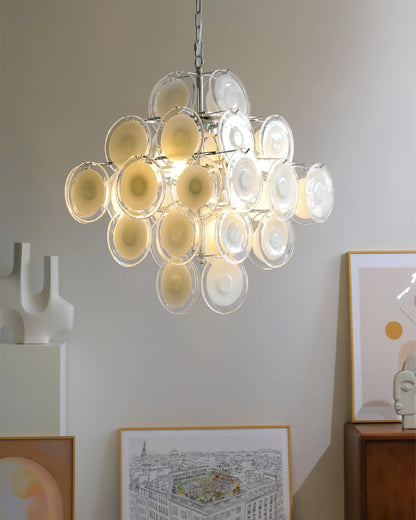 Modern White Glass Disc Chandelier with Adjustable Height & LED Compat