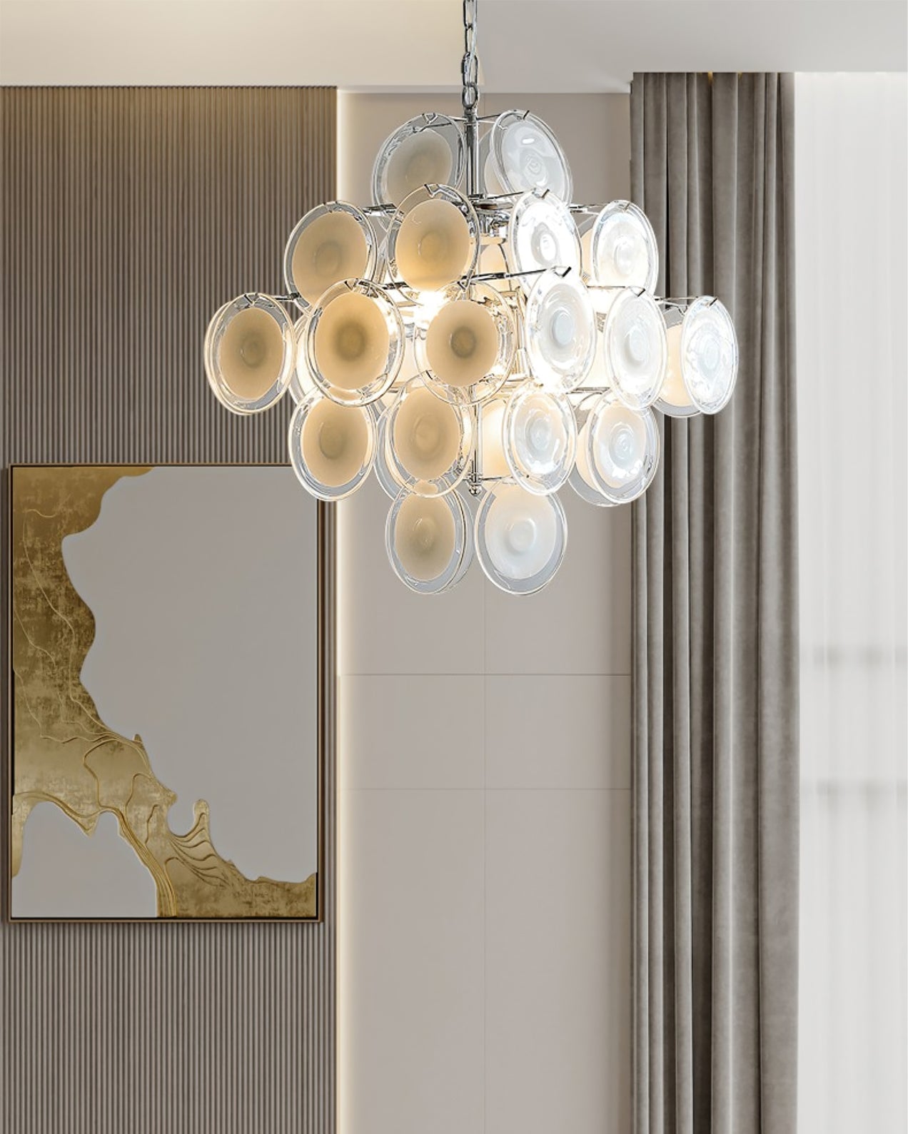 Modern White Glass Disc Chandelier with Adjustable Height & LED Compat